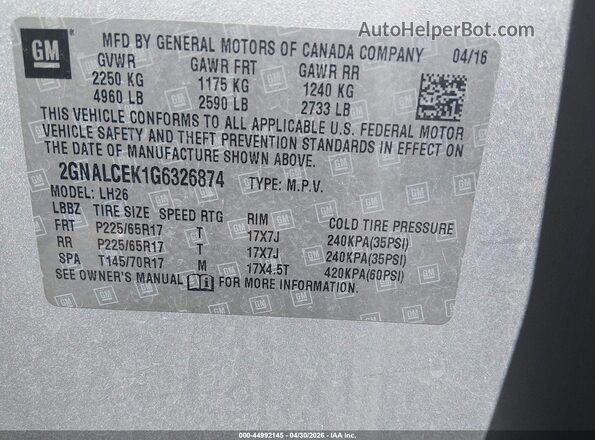 2GNALCEK1G6326874 2016 CHEVROLET EQUINOX Silver ძრავის განყოფილების ხედი