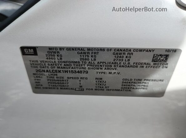 2GNALCEK1H1534879 2017 CHEVROLET EQUINOX Белый 