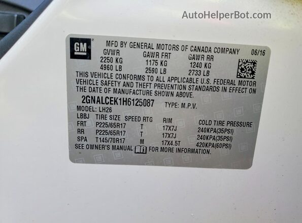 2GNALCEK1H6125087 2017 CHEVROLET EQUINOX White 