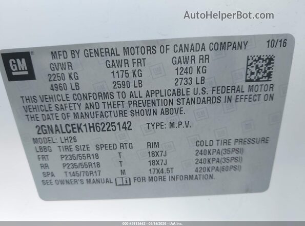 2GNALCEK1H6225142 2017 CHEVROLET EQUINOX White 