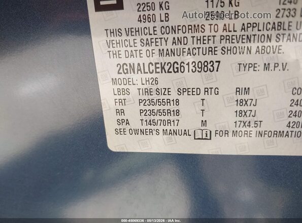 2GNALCEK2G6139837 2016 CHEVROLET EQUINOX Blue Շարժիչի բաժամունքի տեսք
