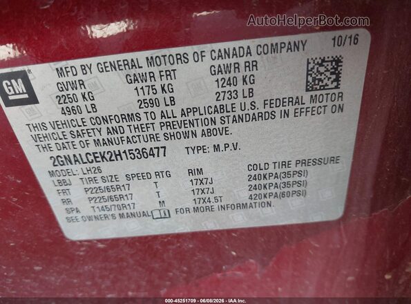 2GNALCEK2H1536477 2017 CHEVROLET EQUINOX Maroon 