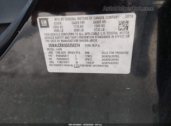 2GNALCEK3G6256374 2016 CHEVROLET EQUINOX Black Vista del compartimento del motor