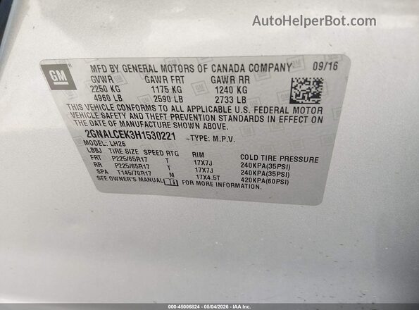 2GNALCEK3H1530221 2017 CHEVROLET EQUINOX Серебряный 