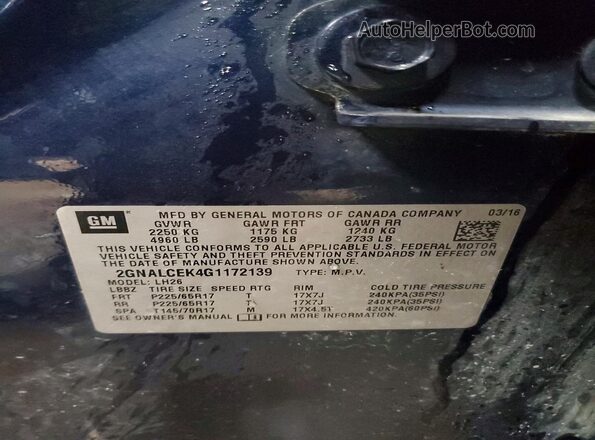 2GNALCEK4G1172139 2016 CHEVROLET EQUINOX Blue Widok naklejki z numerem VIN