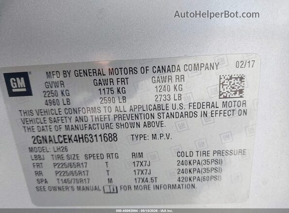 2GNALCEK4H6311688 2017 CHEVROLET EQUINOX Серебряный Вид подкапотного пространства