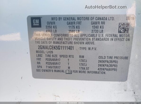 2GNALCEK5G1111401 2016 CHEVROLET EQUINOX White 