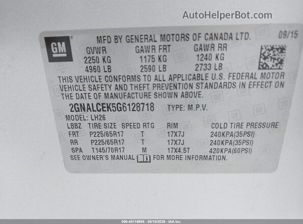 2GNALCEK5G6128718 2016 CHEVROLET EQUINOX Silver Widok komory silnika