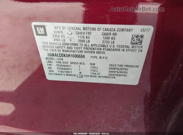 2GNALCEK5H1606604 2017 CHEVROLET EQUINOX Темно-бордовый 