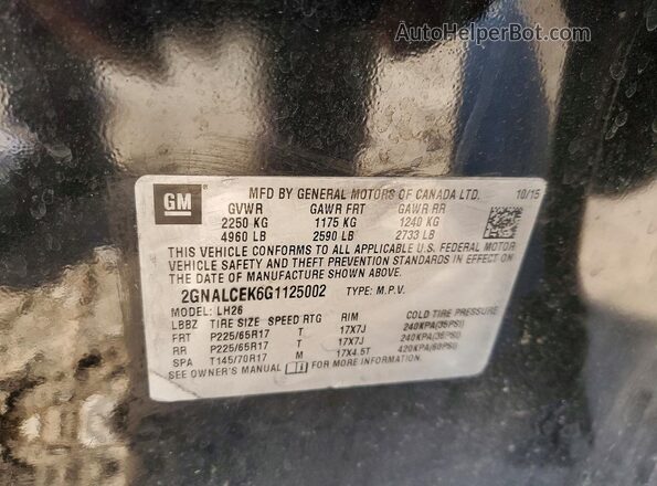 2GNALCEK6G1125002 2016 CHEVROLET EQUINOX Black Вид наклейки з VIN-кодом