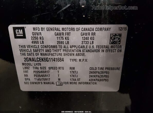 2GNALCEK6G1141684 2016 CHEVROLET EQUINOX Black 