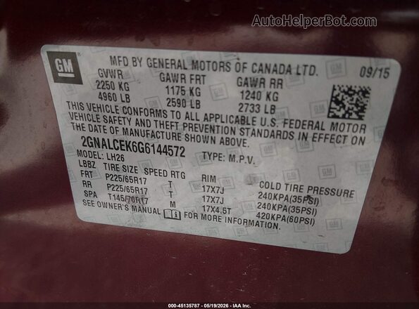 2GNALCEK6G6144572 2016 CHEVROLET EQUINOX Red 