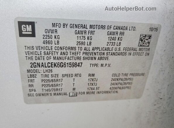 2GNALCEK6G6159847 2016 CHEVROLET EQUINOX Серебряный Вид наклейки с VIN-кодом