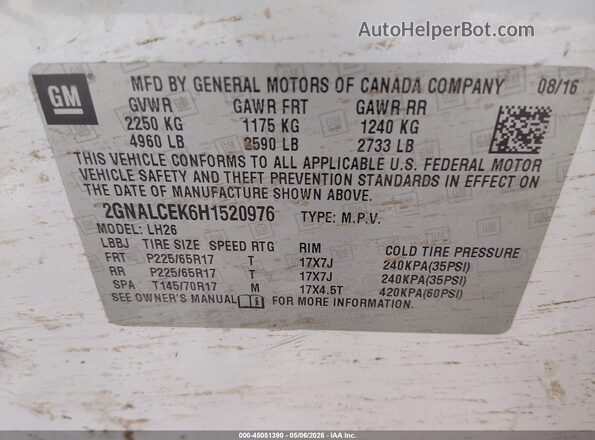 2GNALCEK6H1520976 2017 CHEVROLET EQUINOX White Widok komory silnika