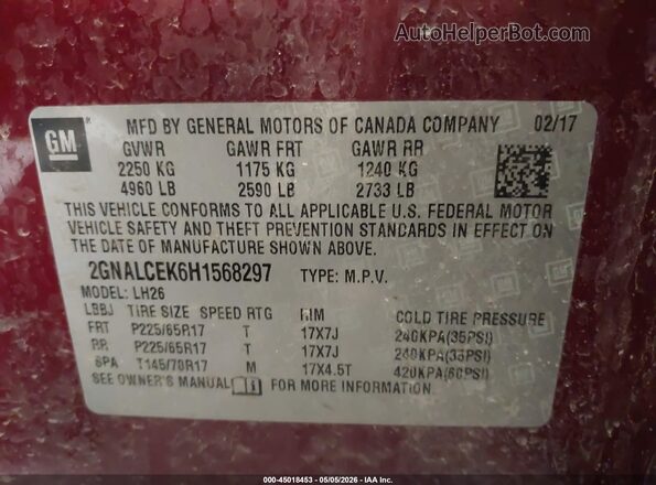 2GNALCEK6H1568297 2017 CHEVROLET EQUINOX Red Vista del compartimento del motor