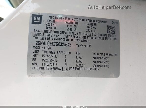2GNALCEK7G6325342 2016 CHEVROLET EQUINOX White Engine compartment view