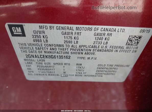 2GNALCEK8G6135162 2016 CHEVROLET EQUINOX Maroon Widok komory silnika