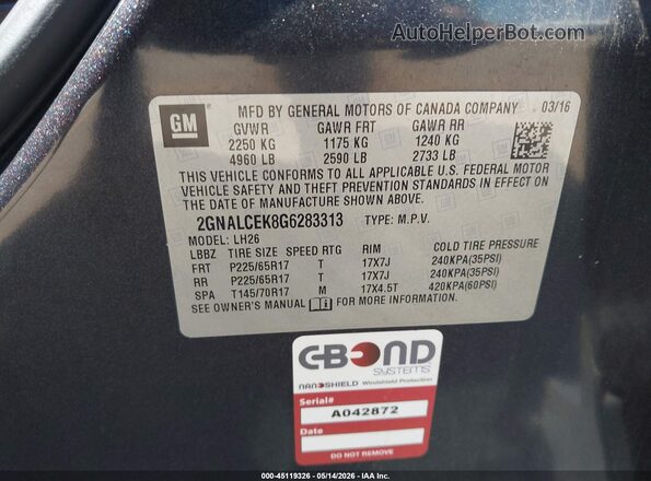 2GNALCEK8G6283313 2016 CHEVROLET EQUINOX Black Vista del compartimento del motor