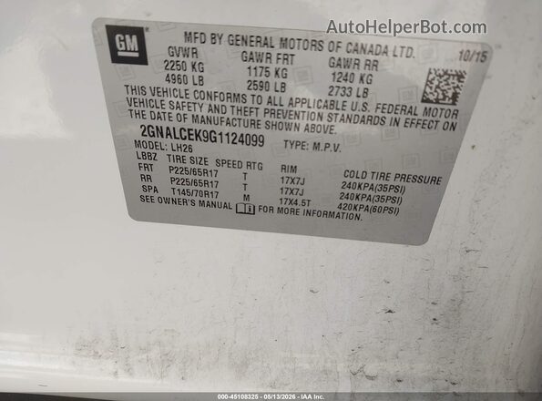 2GNALCEK9G1124099 2016 CHEVROLET EQUINOX White Vista del compartimento del motor