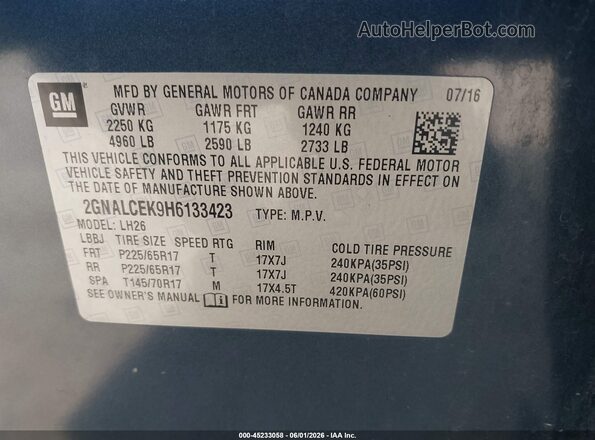 2GNALCEK9H6133423 2017 CHEVROLET EQUINOX Blue Вид підкапотного простору