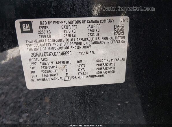 2GNALCEKXG1145690 2016 CHEVROLET EQUINOX Black ძრავის განყოფილების ხედი