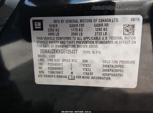 2GNALCEKXG6135437 2016 CHEVROLET EQUINOX Black Widok komory silnika