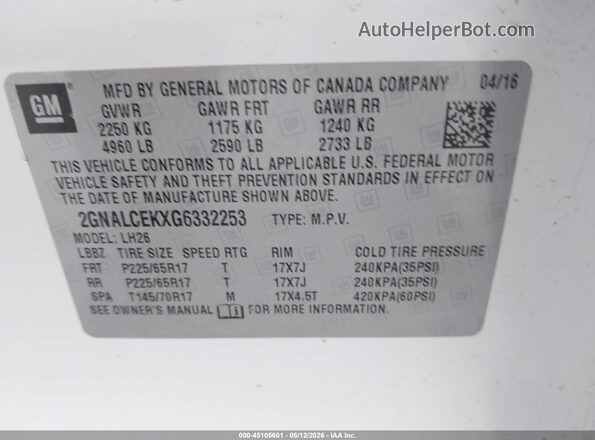 2GNALCEKXG6332253 2016 CHEVROLET EQUINOX White Շարժիչի բաժամունքի տեսք
