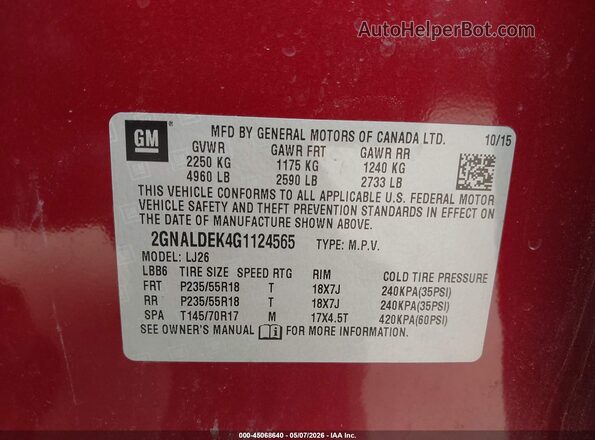2GNALDEK4G1124565 2016 CHEVROLET EQUINOX Бордовый 