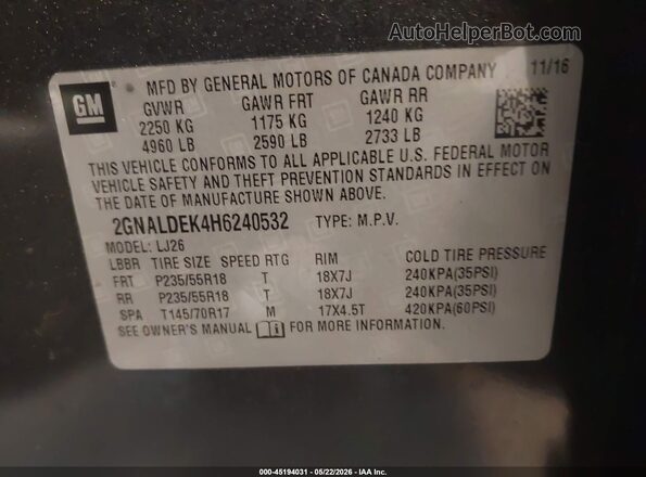 2GNALDEK4H6240532 2017 CHEVROLET EQUINOX Серый Вид подкапотного пространства