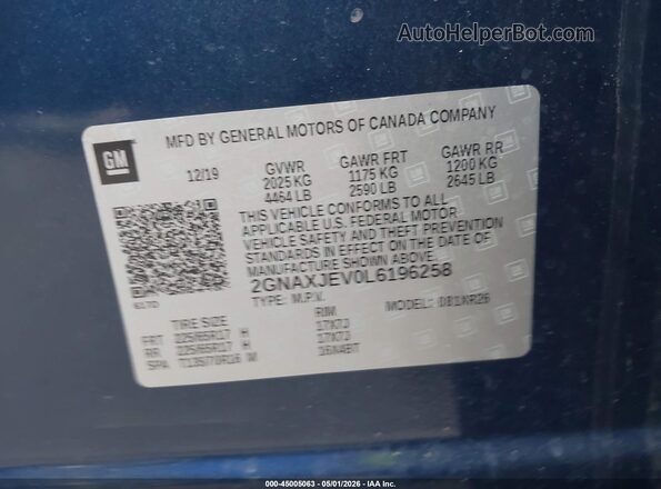 2GNAXJEV0L6196258 2020 CHEVROLET EQUINOX Синий Вид подкапотного пространства