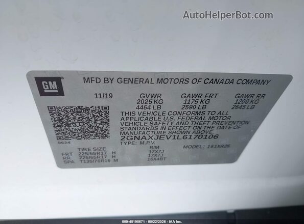 2GNAXJEV1L6170106 2020 CHEVROLET EQUINOX White Շարժիչի բաժամունքի տեսք