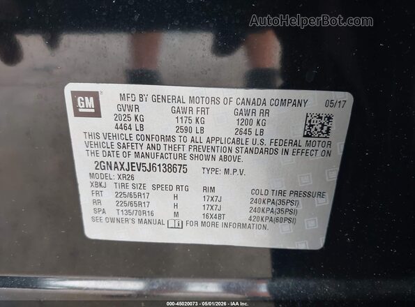 2GNAXJEV5J6138675 2018 CHEVROLET EQUINOX Черный 