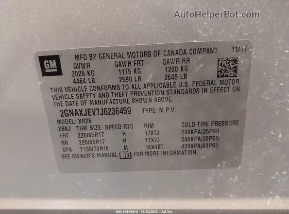 2GNAXJEV7J6236459 2018 CHEVROLET EQUINOX Silver 