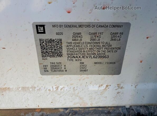 2GNAXJEV7L6239963 2020 CHEVROLET EQUINOX White Вид наклейки з VIN-кодом