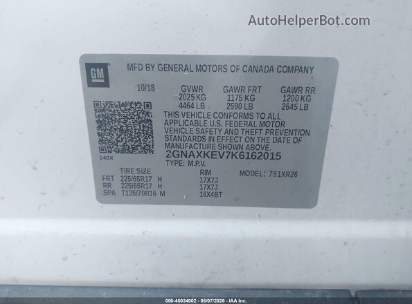 2GNAXKEV7K6162015 2019 CHEVROLET EQUINOX White 
