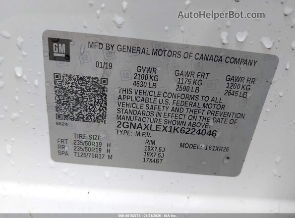 2GNAXLEX1K6224046 2019 CHEVROLET EQUINOX White Engine compartment view