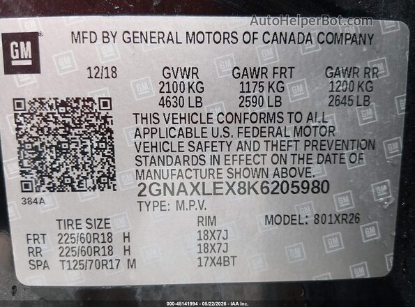 2GNAXLEX8K6205980 2019 CHEVROLET EQUINOX Black Շարժիչի բաժամունքի տեսք