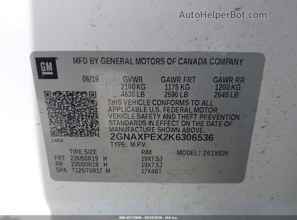2GNAXPEX2K6306536 2019 CHEVROLET EQUINOX White Vista del compartimento del motor