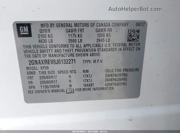2GNAXREV8J6132271 2018 CHEVROLET EQUINOX White Vista del compartimento del motor