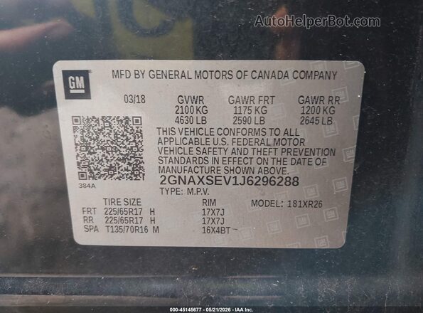 2GNAXSEV1J6296288 2018 CHEVROLET EQUINOX Черный Вид подкапотного пространства