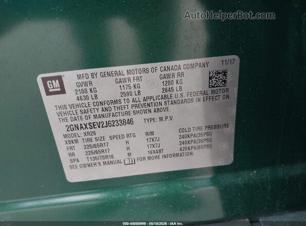 2GNAXSEV2J6233846 2018 CHEVROLET EQUINOX Green Вид підкапотного простору