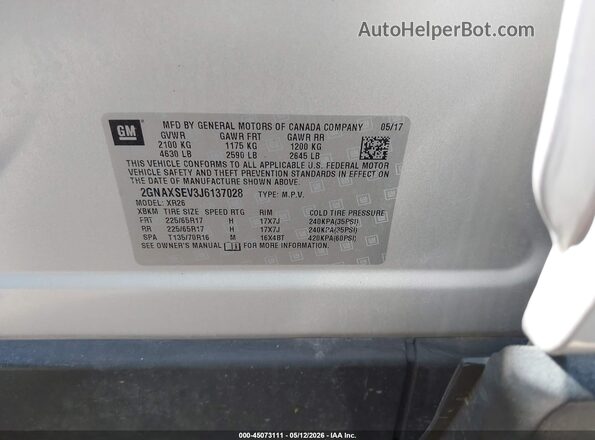 2GNAXSEV3J6137028 2018 CHEVROLET EQUINOX Серебряный 