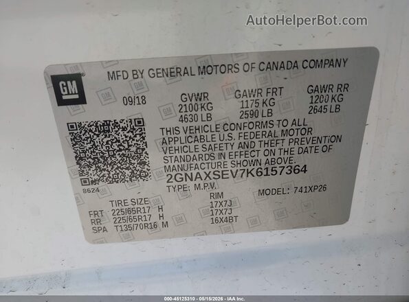 2GNAXSEV7K6157364 2019 CHEVROLET EQUINOX Белый Вид подкапотного пространства