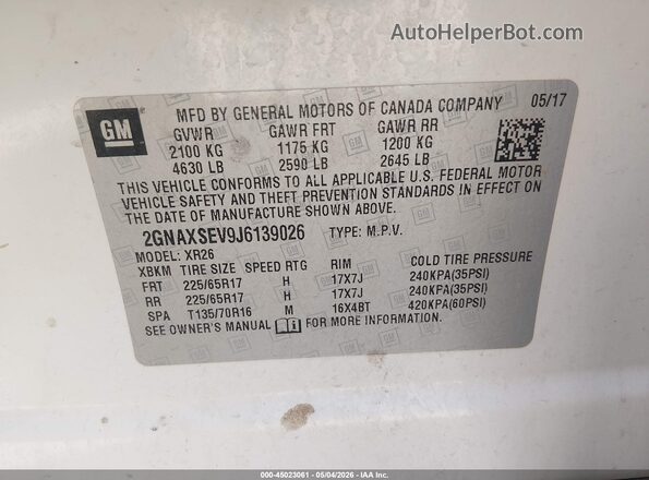 2GNAXSEV9J6139026 2018 CHEVROLET EQUINOX White Vista del compartimento del motor