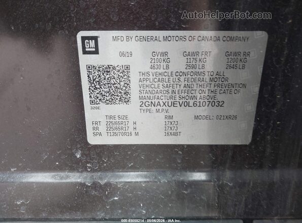 2GNAXUEV0L6107032 2020 CHEVROLET EQUINOX Brown Engine compartment view