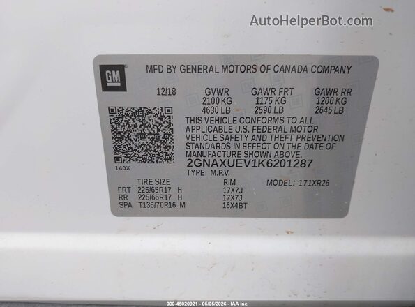 2GNAXUEV1K6201287 2019 CHEVROLET EQUINOX White 