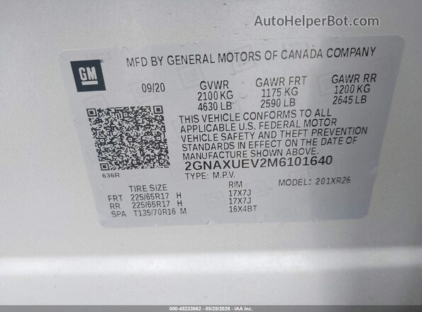 2GNAXUEV2M6101640 2021 CHEVROLET EQUINOX Silver Вид підкапотного простору