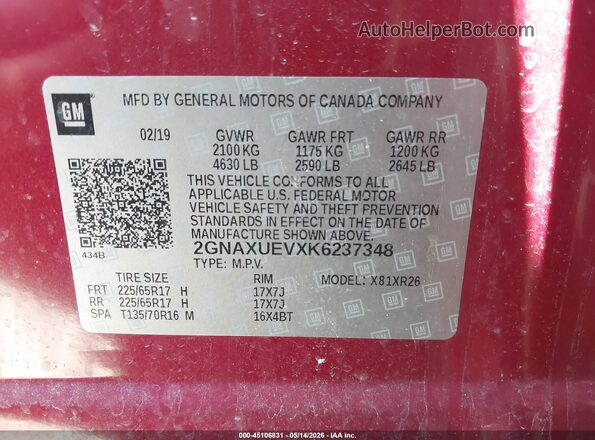 2GNAXUEVXK6237348 2019 CHEVROLET EQUINOX Red Vista del compartimento del motor