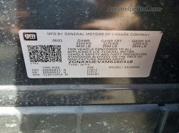 2GNAXUEVXM6160418 2021 CHEVROLET EQUINOX Gray 