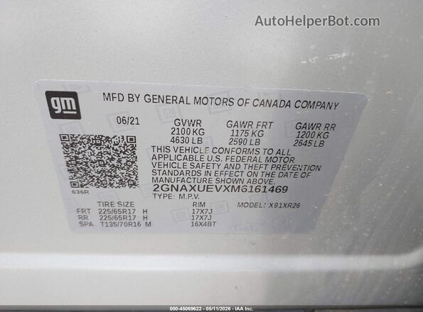 2GNAXUEVXM6161469 2021 CHEVROLET EQUINOX Silver Вид підкапотного простору